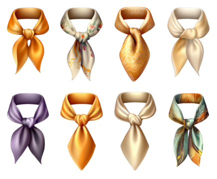 Collection of eight elegant neck scarves isolated on transparent background