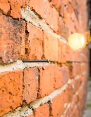 Close-up of a brick wall with a nail