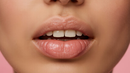 Naklejka premium Close up of natural glossy lips and white teeth with pink background