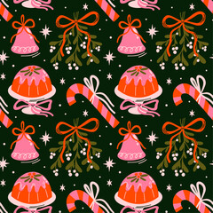 Merry Christmas vector seamless pattern with retro groovy funky cartoon illustration of bauble, ornaments, mistletoe wreath, bow knot with ribbon, candy cane, xmas holiday decor elements for design