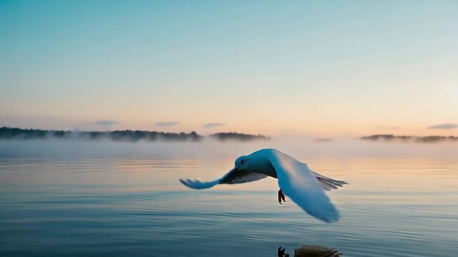 A white dove flying above water, Christian symbol of peace and baptism 