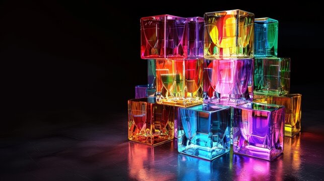 Futuristic 3d bar chart emerging from glowing cubes with neon lights on dark background - Powered by Adobe