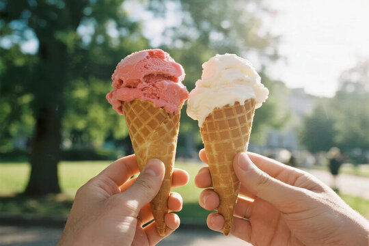 woman's hands holding melting ice cream waffle cone hands concept summer light nature background manos de mujer sosteniendo un cono de helado derretido concepto de manos verano luz naturaleza fondo