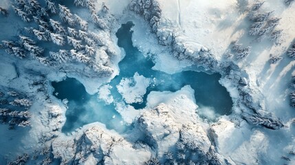 Obraz premium Aerial view of a frozen lake surrounded by snow-covered trees in a winter landscape
