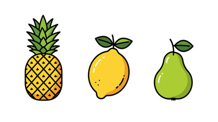 Colorful Cartoon Fruit Icons: Pineapple, Lemon, Pear. Sweet, fresh, and healthy vector illustrations on a white background.
