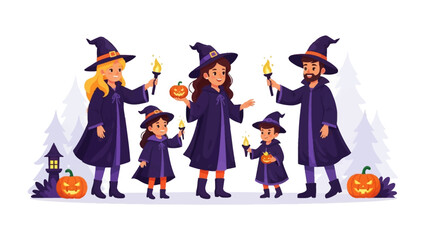 Magical Halloween Family: A close-knit family dressed in witch costumes stands ready for Halloween night, holding torches and pumpkin. A vector illustration suitable for Halloween festivities.