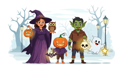 Enchanted Halloween Gathering: A charming Halloween scene unfolds as a friendly witch, her feathered companion, a mischievous goblin, and a spirited jack-o'-lantern embark on a magical journey. 