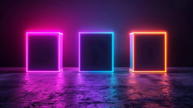 Futuristic 3d bar chart emanating from glowing cubes with neon lights on dark background