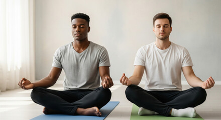 Two diverse men in tranquil meditation, seated in lotus pose on yoga mats, embodying mindfulness and holistic wellness