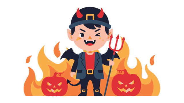 Spooky Devil: A whimsical illustration of a mischievous little devil with a pitchfork and surrounded by flames and spooky pumpkins, bringing a touch of playful dread. 
