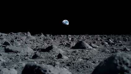 Distant Earth seen from the rocky lunar surface