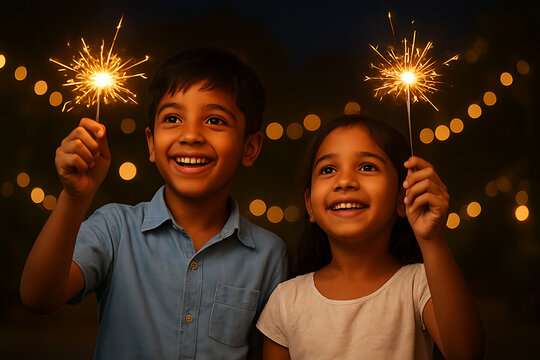 Two kids with bright smiles hold a shining sparkler, celebrating the festival of lights with fireworks with a happy diwali and happy dipaboli