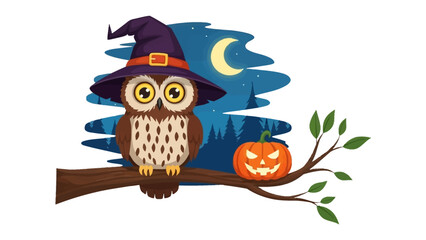 Spooky Owl: A whimsical illustration of an owl, adorned in a witch hat, perched on a branch beside a jack-o'-lantern, all set against a Halloween night backdrop.