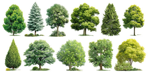 Assortment of various green trees, capturing their unique shapes and forms. The photograph captures the essence of various trees, showing the detail of their leaves and the character of their trunk