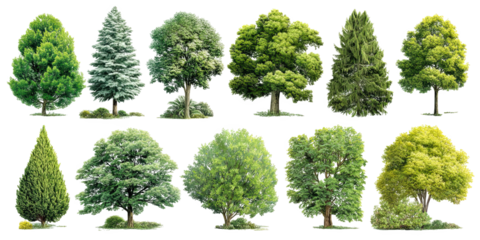 Assortment of various green trees, capturing their unique shapes and forms. The photograph captures the essence of various trees, showing the detail of their leaves and the character of their trunk