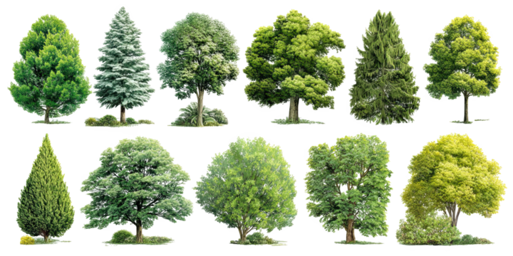 Assortment of various green trees, capturing their unique shapes and forms. The photograph captures the essence of various trees, showing the detail of their leaves and the character of their trunk