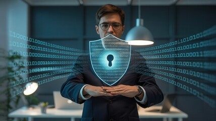 Person presenting a digital shield with a keyhole icon amid flowing binary code for cybersecurity.