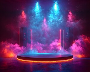 A futuristic stage features a neon lit podium between two large speakers surrounded by vibrant colored smoke and atmospheric lighting