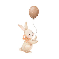 Watercolor cute hare with bow and balloon. Hand-drawn of bunny in pastel warm beige colors. Drawing illustration rabbit on isolated background. For childish shower greeting cards or kids invitations.