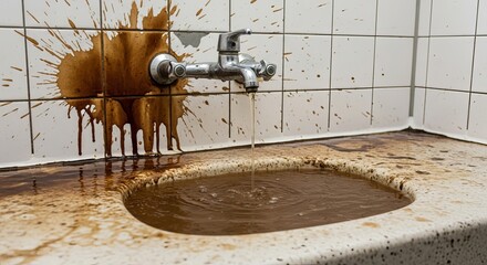 Brown water flowing from a faucet, dirty sink with stains on tiles.