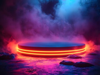 Obraz premium A futuristic circular podium glows with vibrant neon light amidst atmospheric smoke and dramatic colors