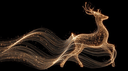 Lighted reindeer galloping gracefully against a dark background with sparkling trails and dynamic movement