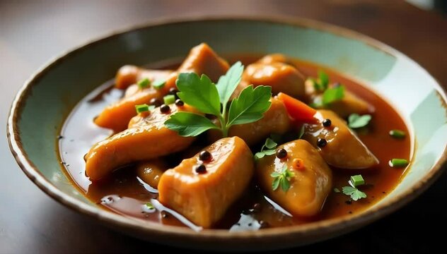 Filipino pork adobo simmering in soy vinegar sauce with bay leaves and peppercorns 