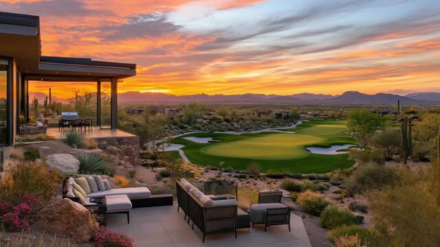 Luxury Home Sunset View: Golf Course, Patio, and Dramatic Sky