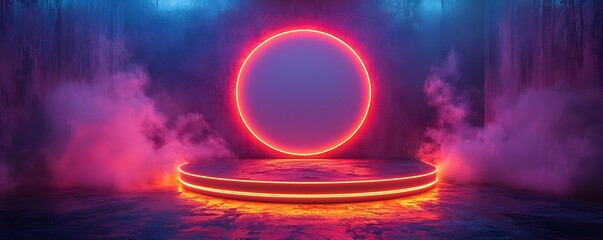 Futuristic neon podium with smoky atmosphere and circular lighting