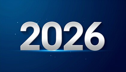 Ein modernes, minimalistisches Neujahrs-Design für 2026. Weiße und silberne Zahlen „2026“ auf schlichtem dunkelblauen Hintergrund