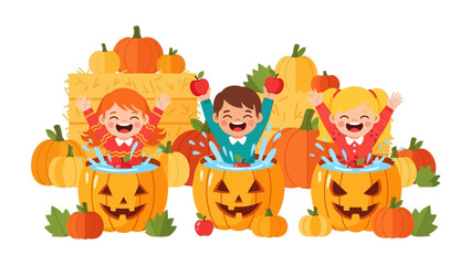 Happy Halloween Fun: Three children are having fun while playing Halloween pumpkin game with apples and other pumpkins.