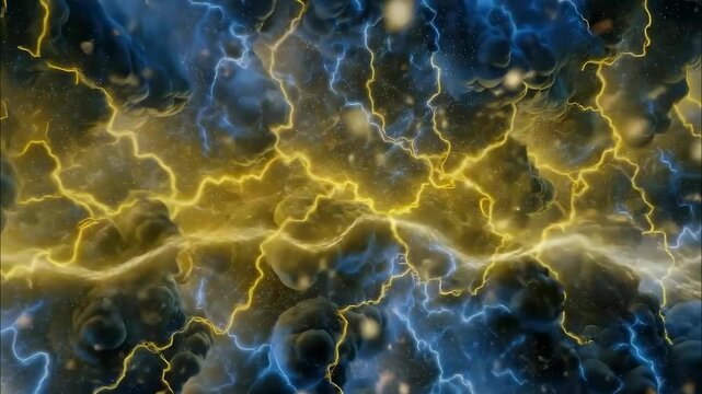 Strikes of bright blue and intense yellow lightning clash and intertwine within dark, swirling clouds, creating a dramatic display of opposing forces.