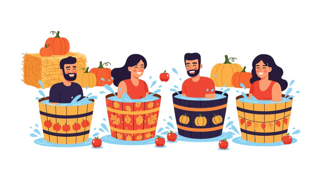 Autumnal Apple Bobbing: A vibrant illustration captures four individuals immersed in the cheerful tradition of apple bobbing during a festive autumn celebration.