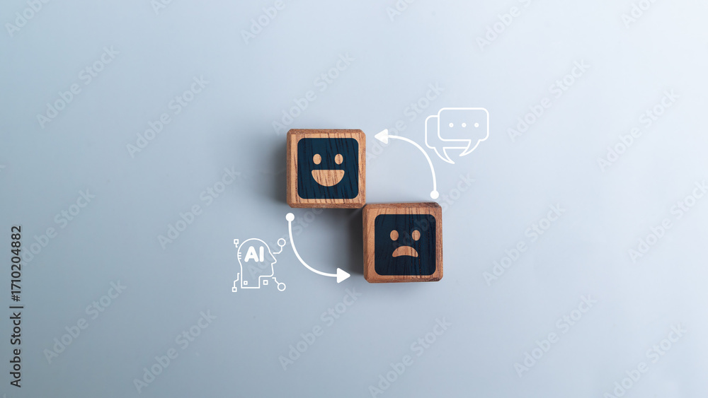 Poster ai sentiment analysis and emotion recognition concept with wooden blocks showing happy and sad faces
