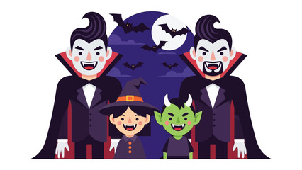 Halloween Costume: A whimsical scene unfolds, featuring costumed figures set against a backdrop of a moonlit night sky, complete with bats in flight.