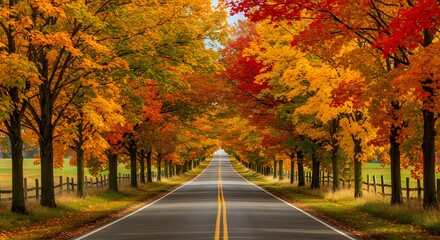 Obraz premium Autumn Road Tunnel: Vibrant Foliage Archway, Golden Leaves, Scenic Drive.