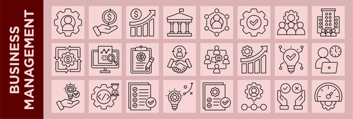 Modern line icon set on a soft background strategy, planning, leadership and organization for business managemet concepts.