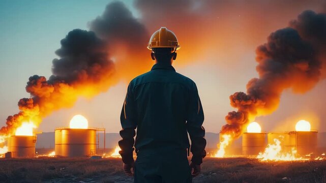 over-the-shoulder worker silhouette multiple chemical tanks rupture explode succession towering fire pillars, dense black smoke morphs long molten sparks, glowing billowing steam early evening fog