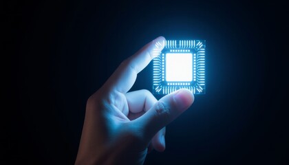 AI powered precision technology represented by illuminated microchip held by human fingertips agains