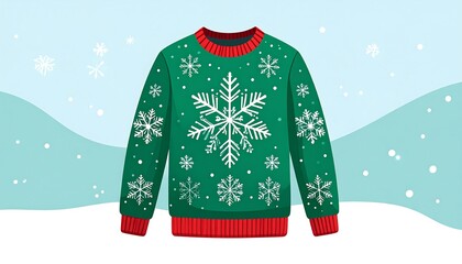 Vibrant green sweater adorned with numerous white snowflakes, highlighting a festive Christmas design, against a winter backdrop of light blue sky and falling snow.