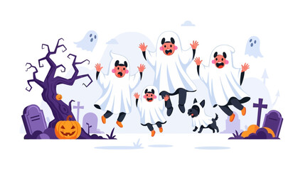 Fototapeta premium Spooky Halloween Celebration: An adorable illustration of children in ghost costumes gleefully celebrating Halloween night, surrounded by festive elements like pumpkins, tombstones.