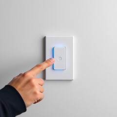 A smart light switch with an occupancy sensor is approached by a fingertip, set on a clean matte wall.