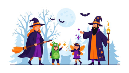 Halloween Family Fun: A whimsical depiction of a family adorned in Halloween costumes, set against a background of a moonlit night and spooky trees, invoking the enchantment of the season.