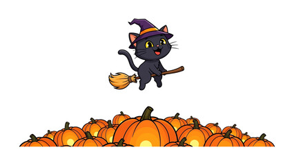 Whimsical Halloween Kitty: A charming cartoon of a black cat, donned with a witch's hat and perched atop a broom, floats above a collection of plump pumpkins, all set against a light background