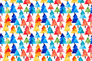Fototapeta premium Vibrant pop art Christmas pattern, watercolor style. Features minimalist geometric trees, abstract snowflake motifs, and a playful, energetic color scheme for seasonal prints