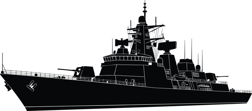 Modern naval warship silhouette, military destroyer vector, radar system, missile launcher, maritime defense, combat ship illustration, Adobe Stock content, black graphic