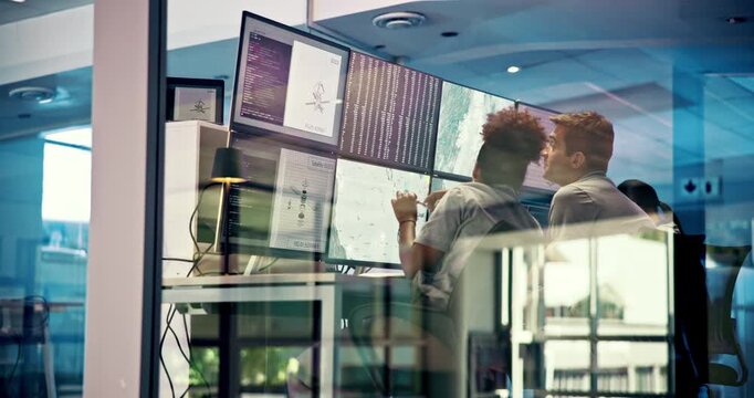 People, computer and screen with satellite in control room, monitor weather and climate change. Staff, discussion and online report for forecast update, study storm pattern and disaster surveillance