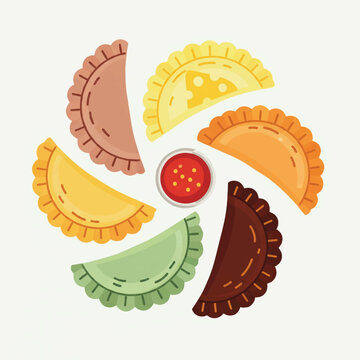 colorful empanadas variety with dipping sauce illustration