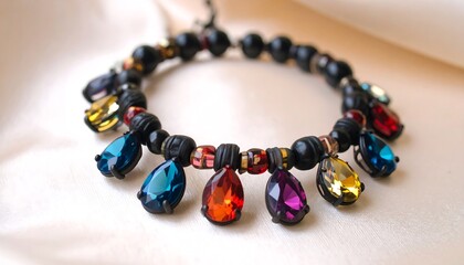 Colorful beaded necklace on fabric