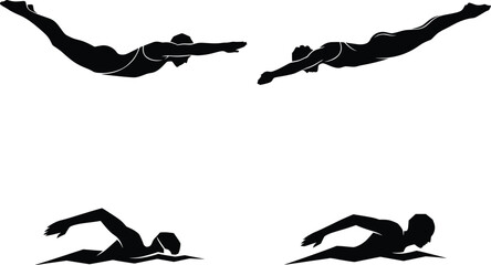 Swimming silhouette vector, diving pose, freestyle stroke, competitive swimmer icon, aquatic sport illustration, black figure, water motion, dynamic athlete graphic, pool action